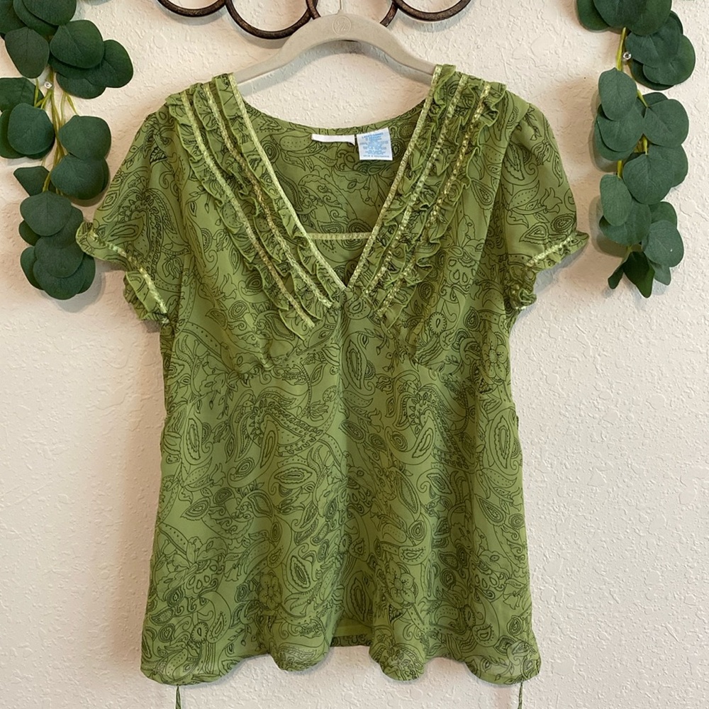SOLD❣️❣️Vintage 90s/Y2K Green Paisley Ruffled Fairy Top✨ - Picture 3 of 8